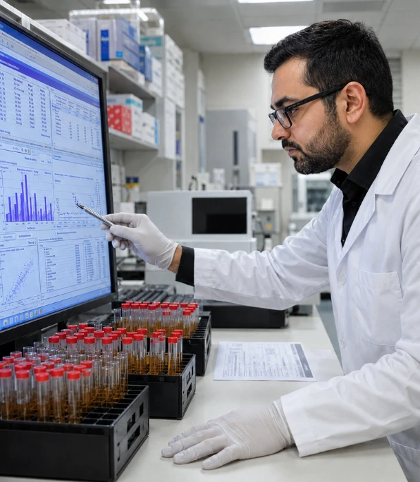Molkem Labs analytical scientists reviewing chromatographic data and pharmaceutical samples in the R&D laboratory