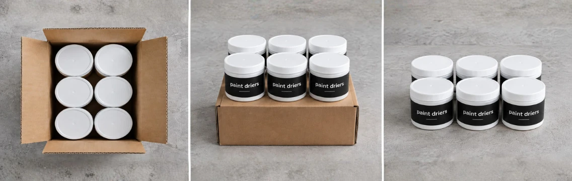 Molkem paint driers in labelled tubs, packed and boxed for despatch