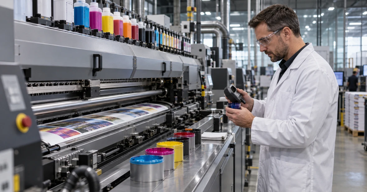 Technician inspecting a tin of paint drier on a coatings production line