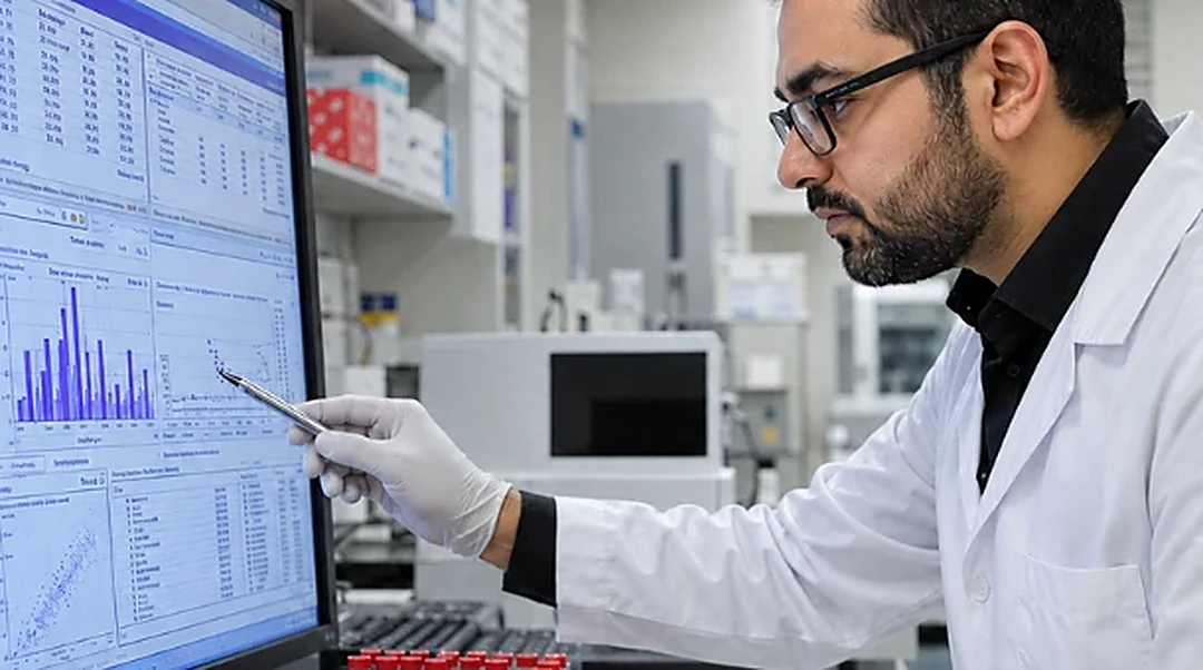 Analytical scientist reviewing chromatographic data on screen beside pharmaceutical samples in the Molkem Labs R&D laboratory